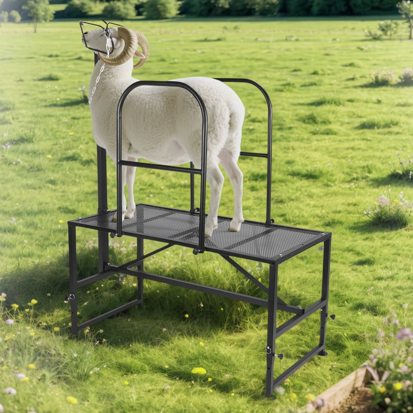 Goat Milking Stand Sheep & Goat Trimming Stand Adjustable Height Goat Shearing Livestock Stand with Headpiece and Nose Loop