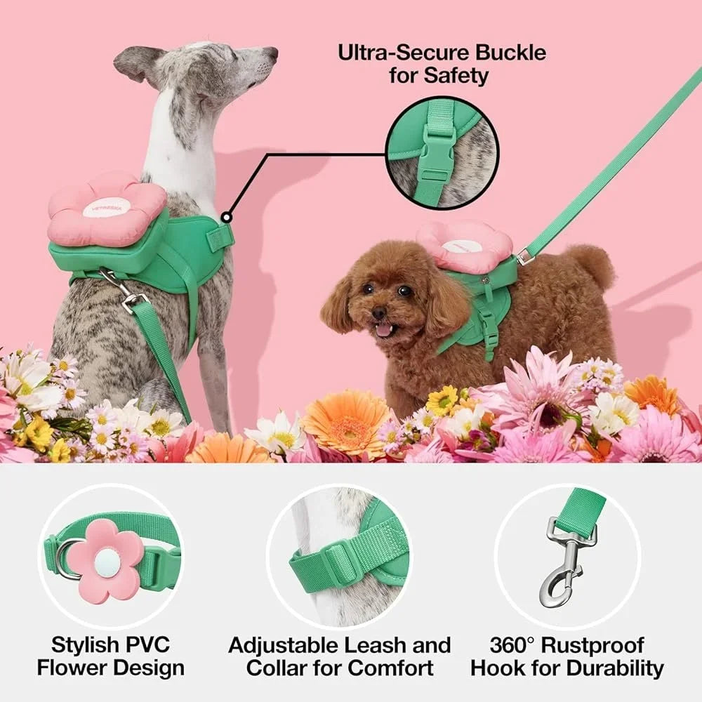 Adjustable No Pull Dog Harness Leash Collar Set Soft Padded Pet Vest Control Walking Training Floral Backpack Storage