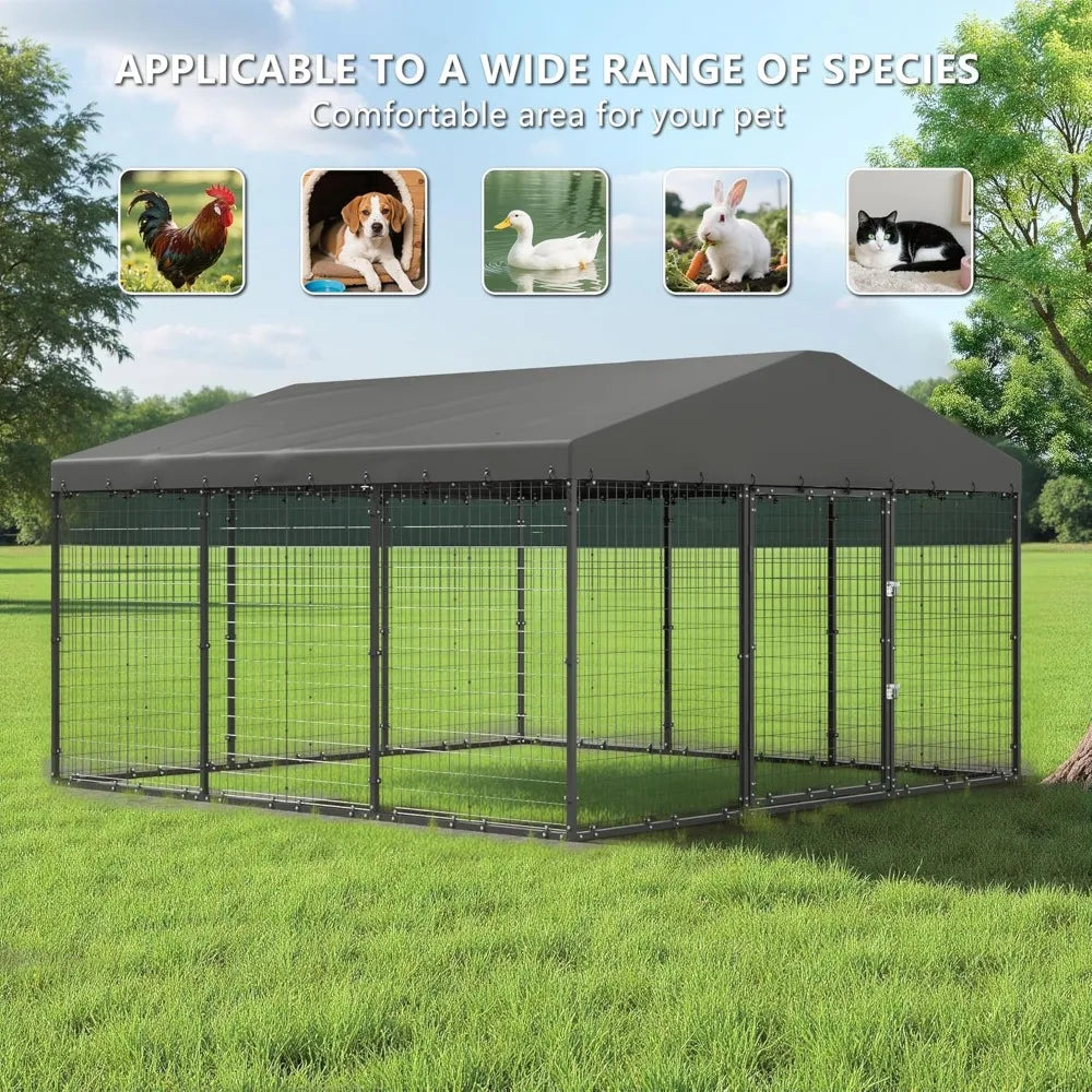 Large 10x10x6 FT Outdoor Dog Kennel with Heavy Duty Construction, Double Locks, and UV-Protected Waterproof Roof