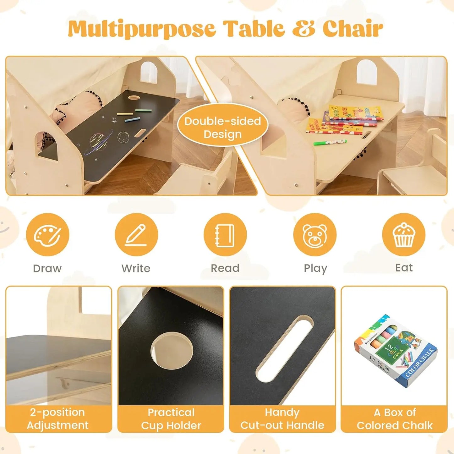 Large Kids Tent, 6-in-1 Wooden Frame Play House with Table and Chair Set, Blackboard, 6 Storage Bins & Soft Floor, Customized