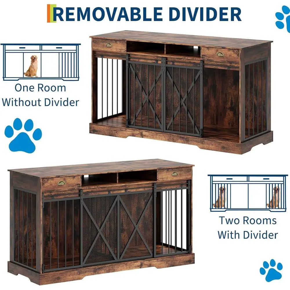 Large 63 Wooden Dog Crate Furniture - Heavy Duty Indoor Kennel with Removable Divider, 2 Doors, Rustic Style, Open Shelves & TV