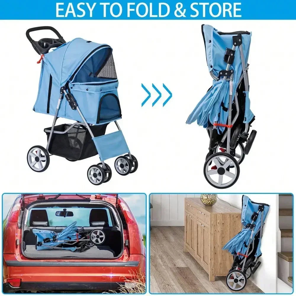 Blue 4 Wheel Pet Stroller for Cat Dog Foldable Carrier Jogger Travel with Basket