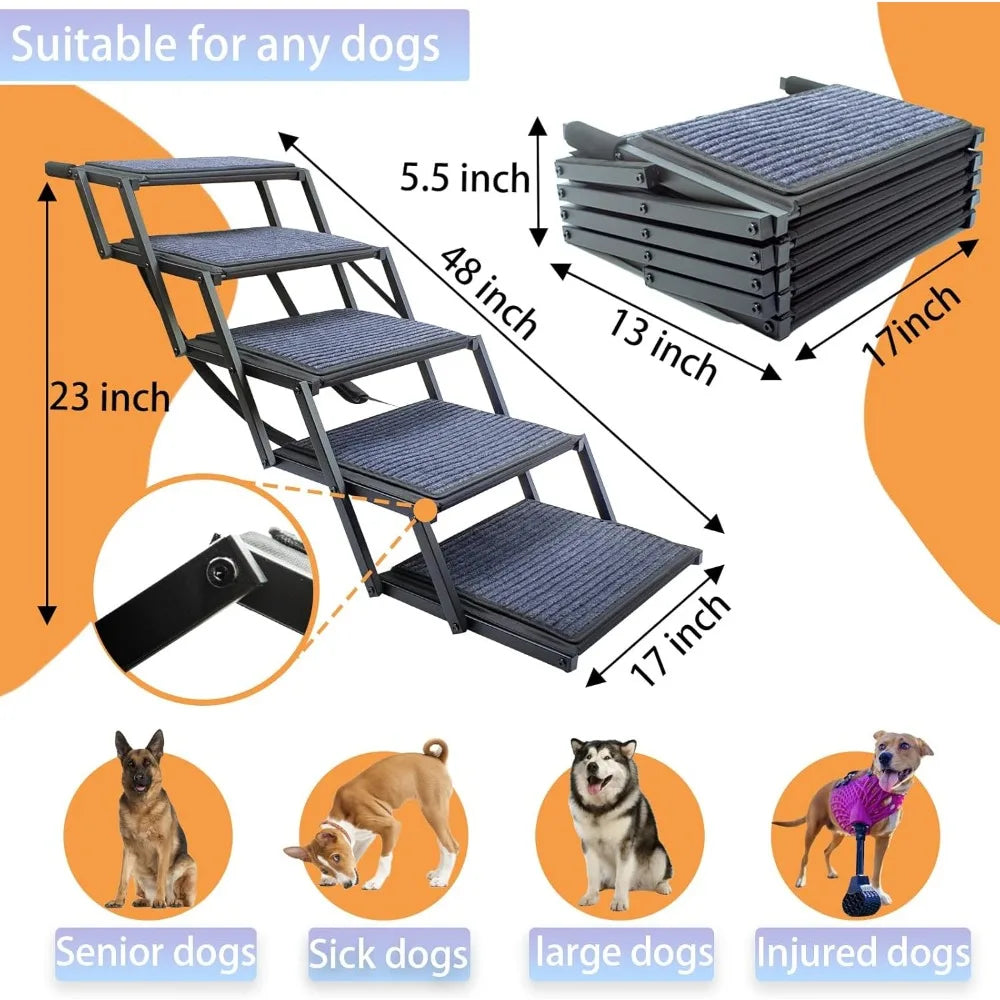 Dog Ramp for Car Truck and SUV Dog Stairs for Large Dogs Folding Pet Stairs with Non-Slip Rug Surface Supports Up to 250 lbs (5