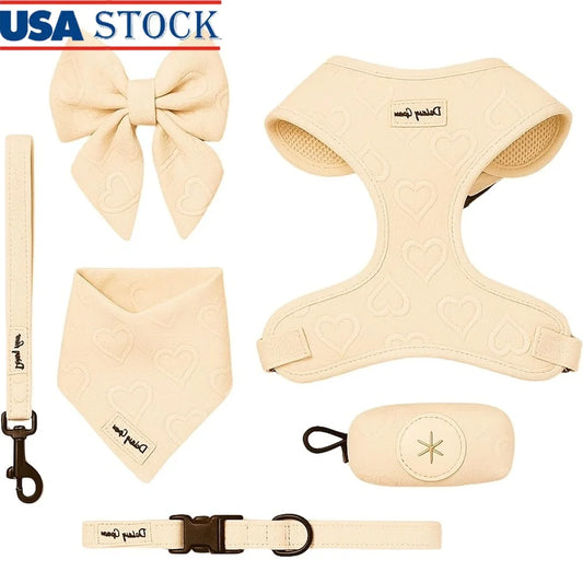 Medium Dog Harness Set No Pull Matching Leash Collar Bow Bandana Poop Bag Holder Breathable Mesh Hearts
