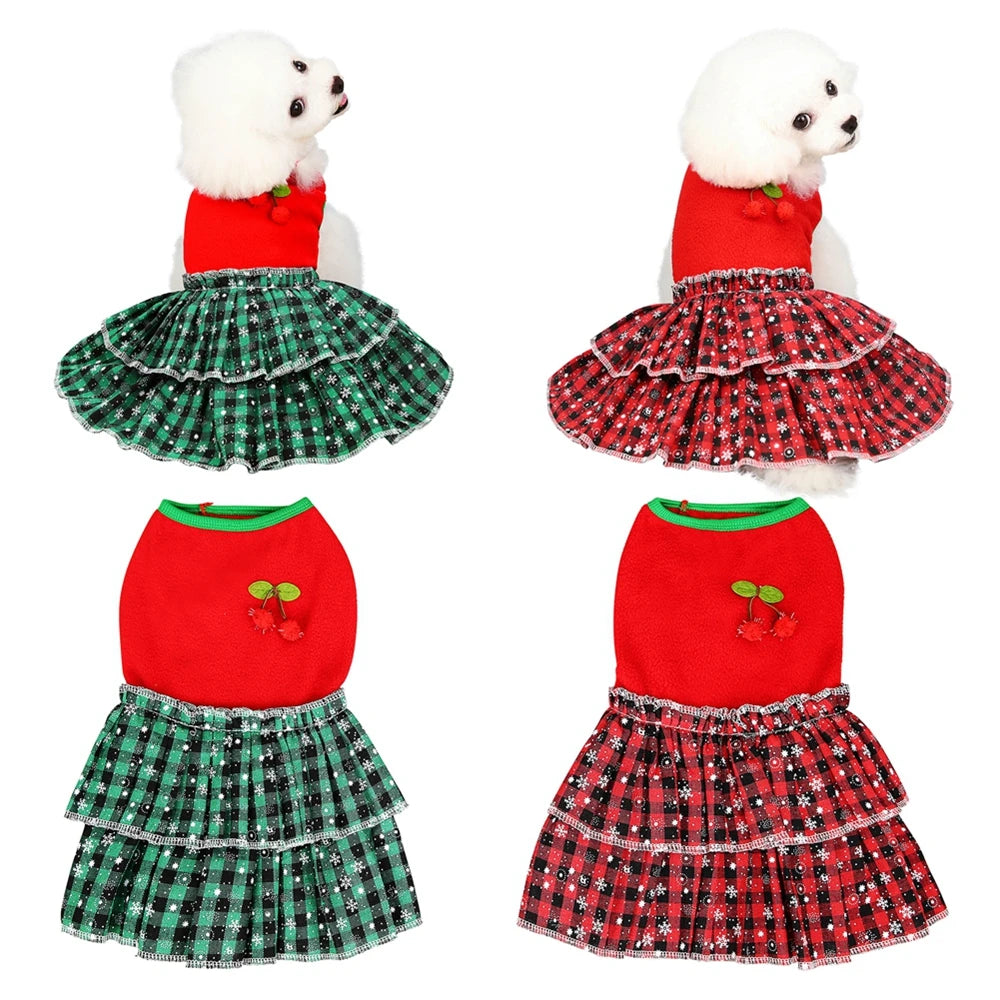 Christmas Dog Girls Costume Dress Puppy Warm Fleece Skirt Clothes Autumn Winter Pet Clothes Dog Red Skirt Fancy Dress Costume