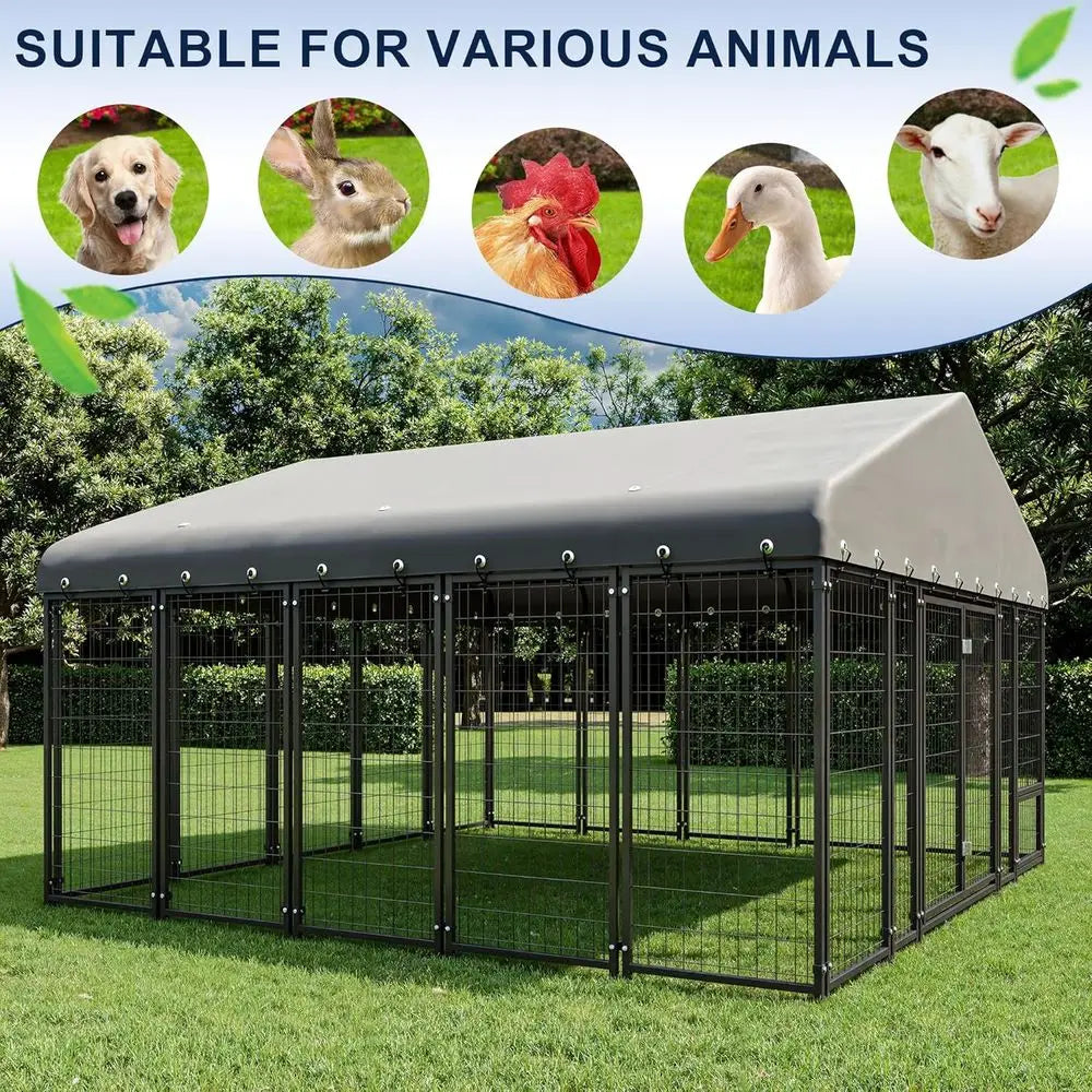 10x10FT Dog Kennel Outside Double Door Outdoor with Feeding, Heavy Duty Dog Crate Durable Cage with Roof & Double Lock
