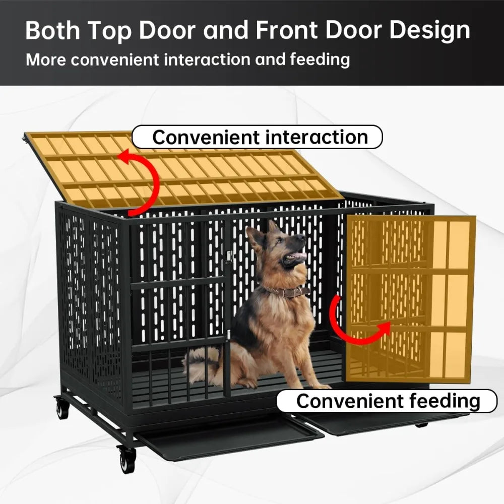48 Inch Heavy Duty Dog Crate with Wheels, Folding Metal Cage for Large Dogs, XL XXL Indestructible Kennel with Removable Tray