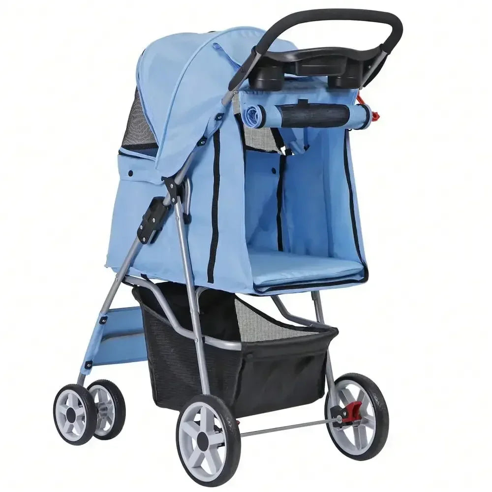 Blue 4 Wheel Pet Stroller for Cat Dog Foldable Carrier Jogger Travel with Basket