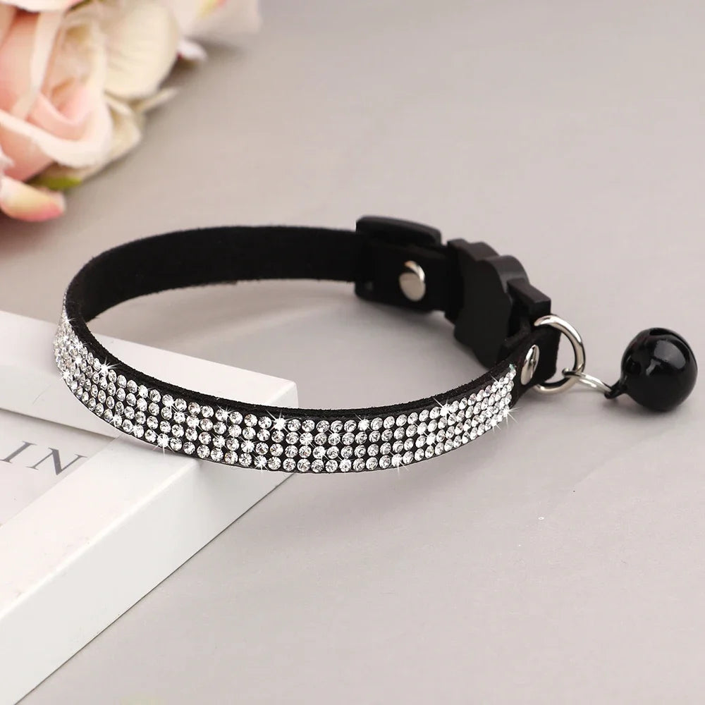 Rhinestone Bling Soft Pink Suede Cat Collar with Bell Safety Breakaway Buckle Adjustable XS/S Sizes for Kitten