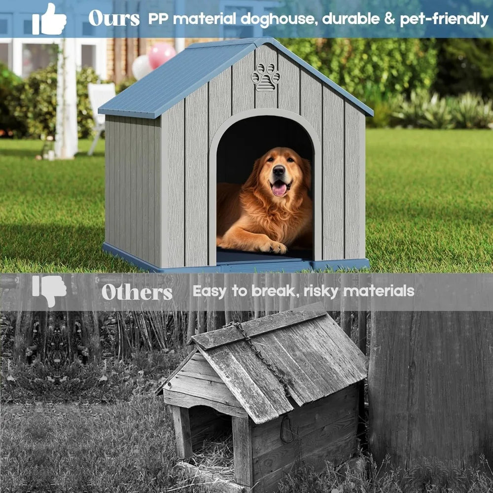 Medium to Large Dog House: Waterproof Plastic Outdoor and Indoor Doghouse with Elevated Floor and Ventilation