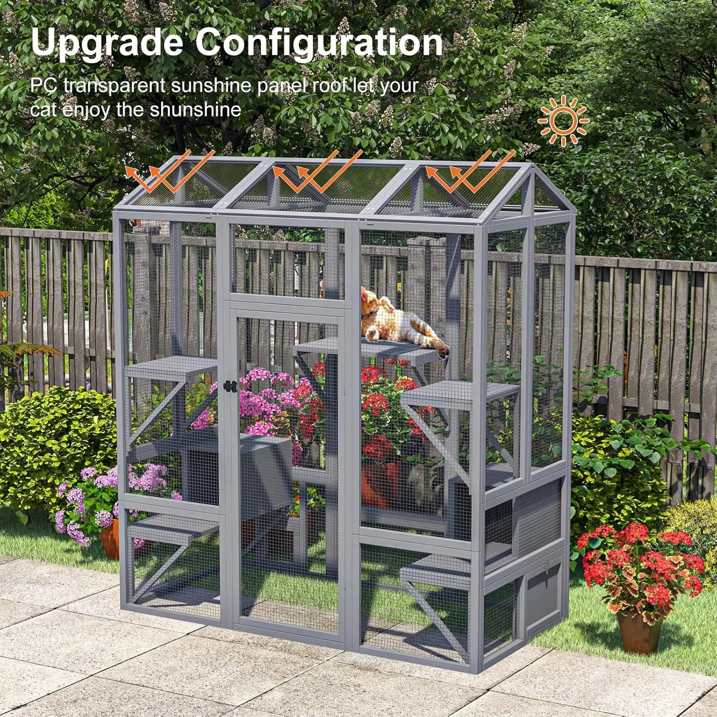 72 Inch Outdoor Cat Fence, Large Cat House for Multiple Cats, Waterproof Sun Panel Roof with 7 Platforms and 2 Rest Boxes