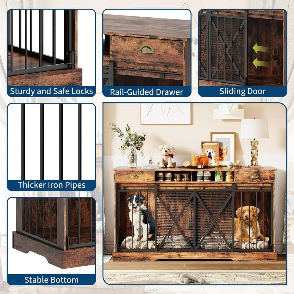 Large 63 Wooden Dog Crate Furniture - Heavy Duty Indoor Kennel with Removable Divider, 2 Doors, Rustic Style, Open Shelves & TV
