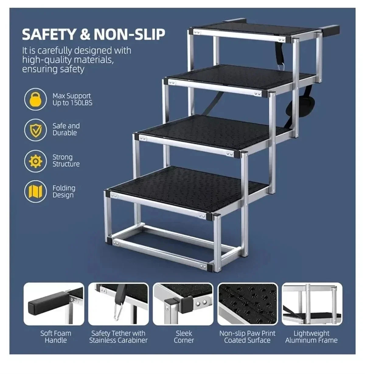 In Vehicle Mounted Four Step Folding Dog Stairs Heavy Duty
