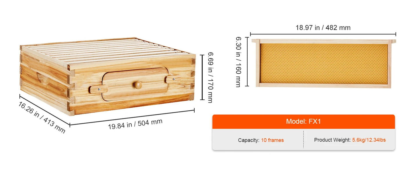 SucceBuy Bee Hive Deep Box Starter Kit 100% Beeswax Coated Natural Cedar Wood Langstroth Beehive Kit Transparent Acrylic
