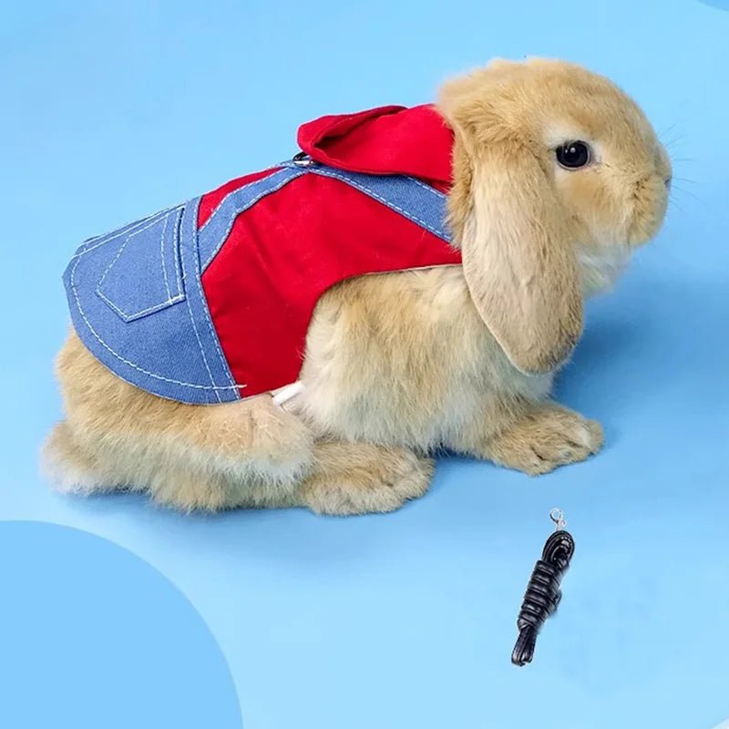 Stylish Denim Pet Harness & Leash Set - Rabbit Bunny Guinea Pig Walking Costume for Small Animals Safety Accessory