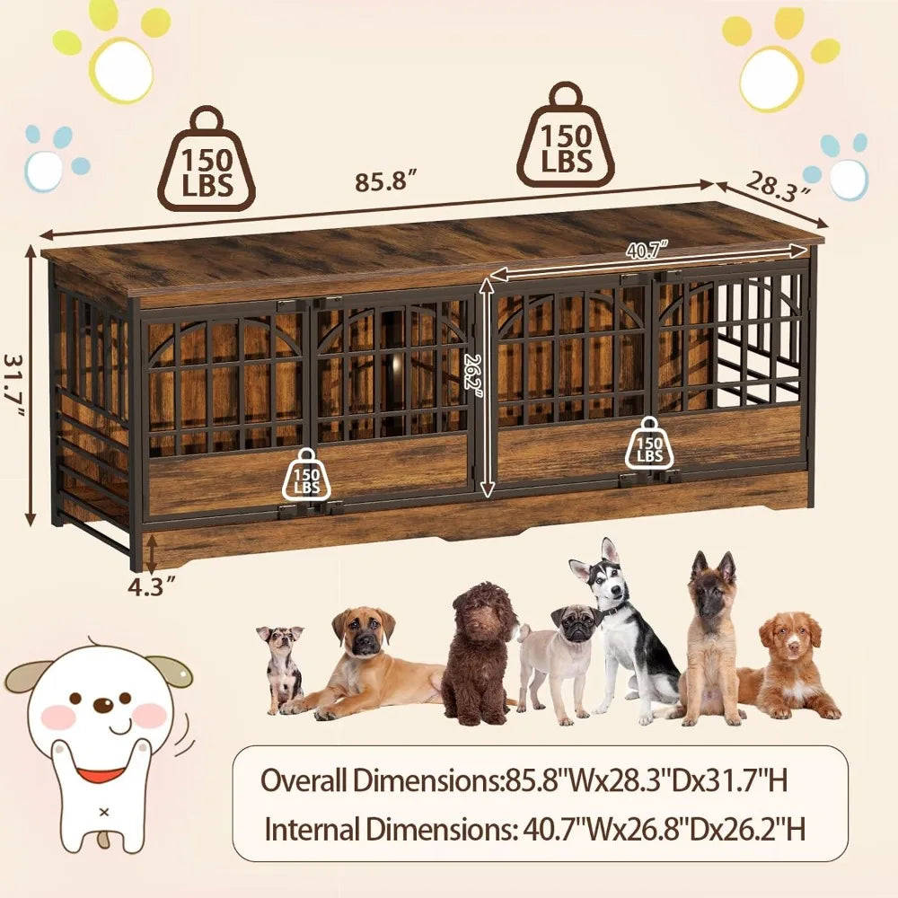 86 inch double dog crate furniture for 2 large dogs, decorative dog kennel indoor tv stand, heavy duty wooden dog cage for larg