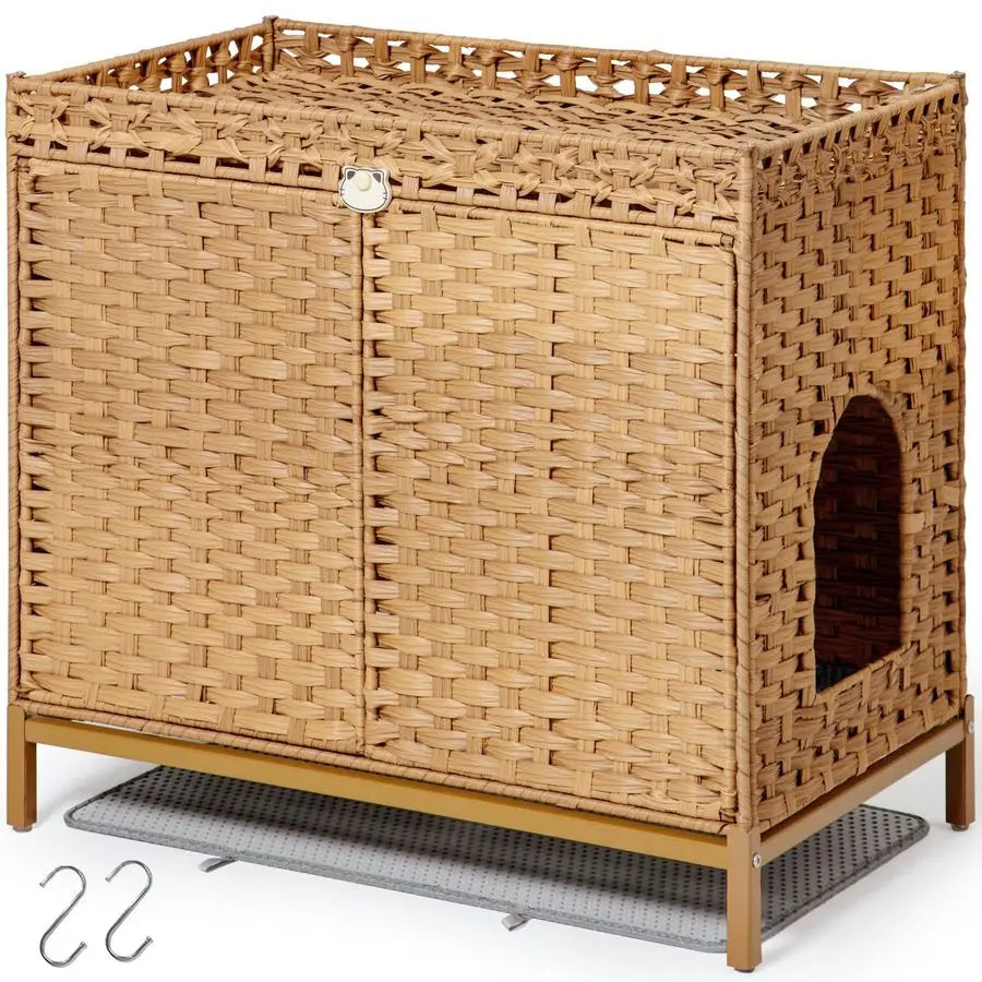 Litter Box Enclosure Furniture, Hidden Handwoven Rattan Litter Box with Mat, Large Cat House with Metal Heightened Feet, 30.3 x