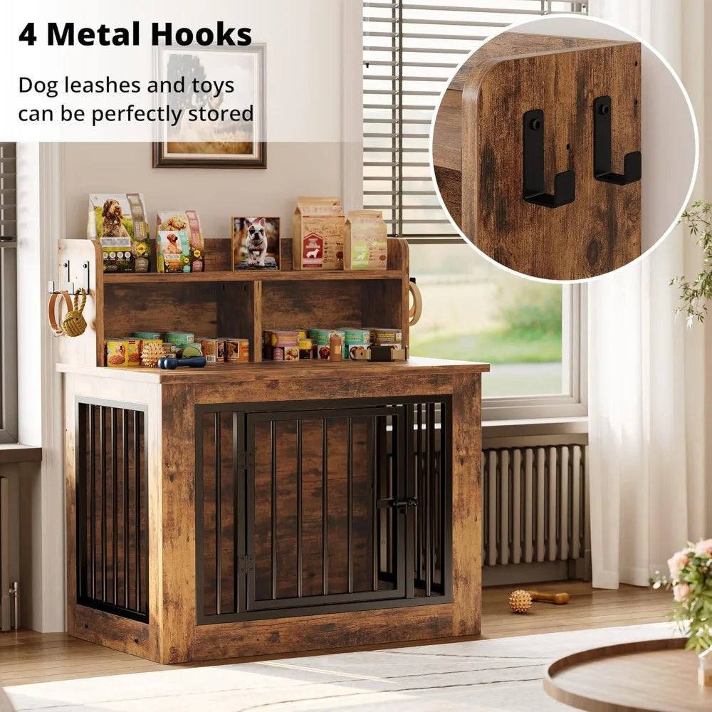 Dog Crate Furniture, 33.4 inches Wooden Small Dog Crate with Storage and 4 Hooks, Heavy Duty Pet Crate for Small Dog, Decorativ