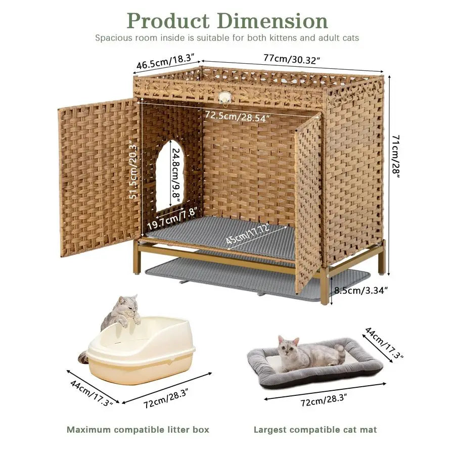 Litter Box Enclosure Furniture, Hidden Handwoven Rattan Litter Box with Mat, Large Cat House with Metal Heightened Feet, 30.3 x
