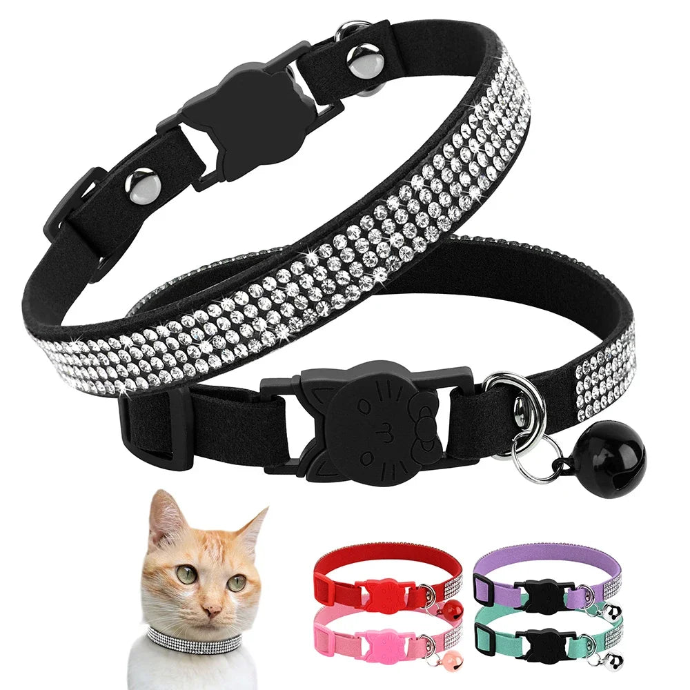 Rhinestone Bling Soft Pink Suede Cat Collar with Bell Safety Breakaway Buckle Adjustable XS/S Sizes for Kitten