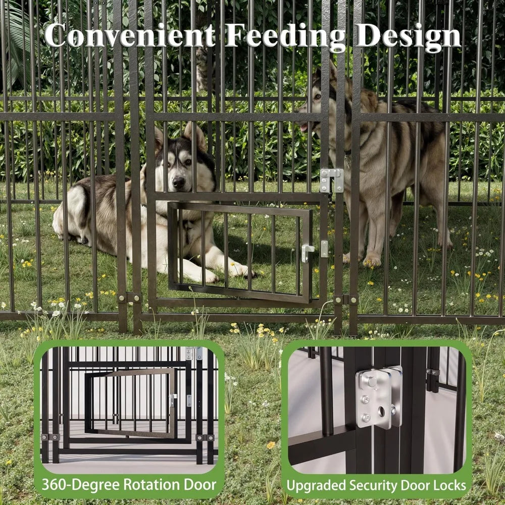 Large Dog Kennel Outside 10X10FT Heavy Duty Dog Cage with Feeding Door, Outdoor Dog Run with Roof and Double Safety Locks for Pe