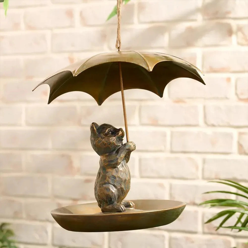 Squirrel/Cat/Dog Animal Bird Feeder Animal Holding Umbrella Metal Bird Feeders Hanging Bird Feeder Dish for Yard Patio Landscape