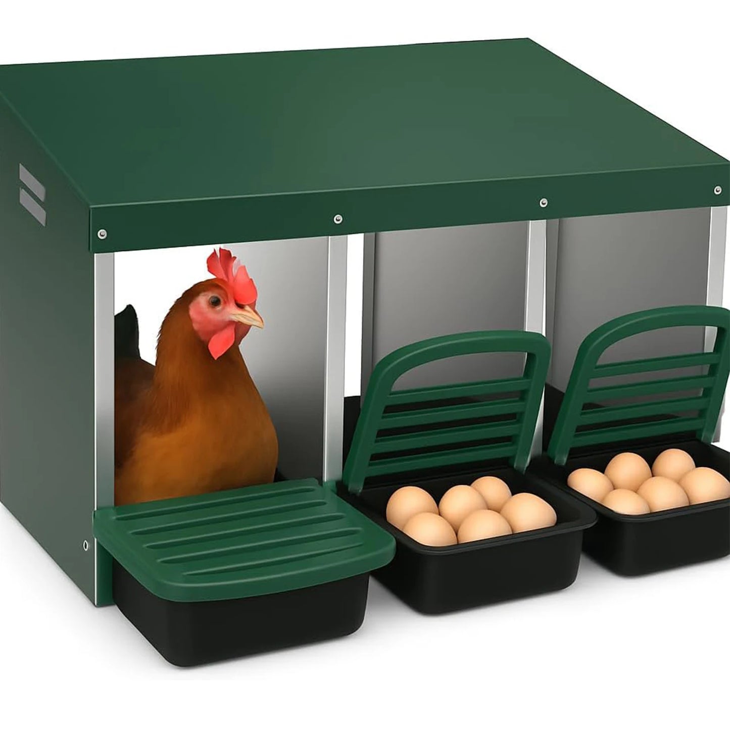Chicken Nesting Boxes, 3 Compartment Metal Roll Away Nest Box for Chicken Coop,Chickens Laying Egg, Lid Cover to Protect Eggs