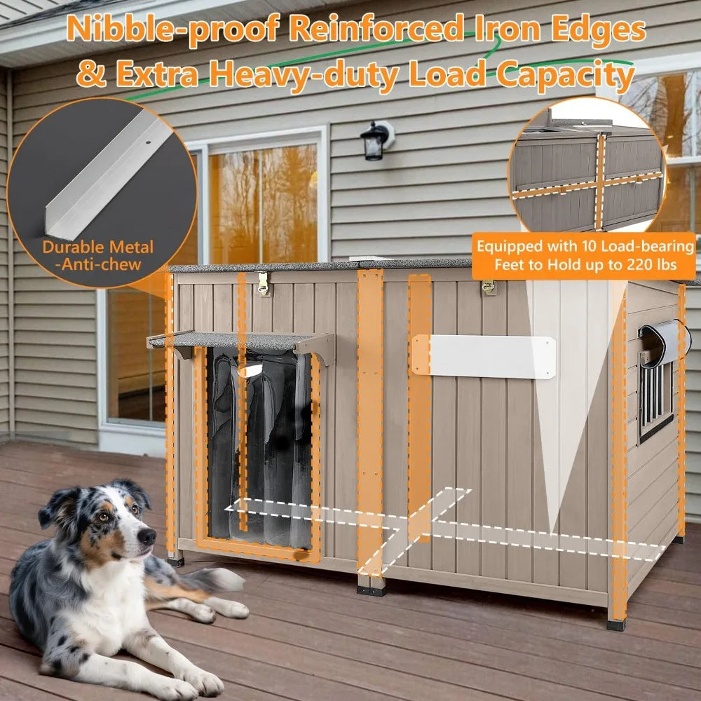 Extra Large 55L Dog House - Outdoor Weatherproof with Anti-Chewing Frame, Waterproof Indoor Dog Kennel Shelter with Removable Co