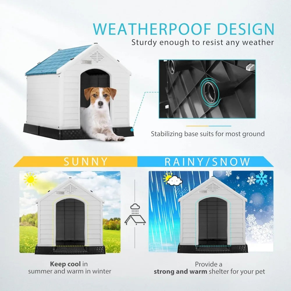 durable waterproof plastic pet dog house indoor outdoor puppy shelter kennel with air vents and elevated floor (medium - 28" he