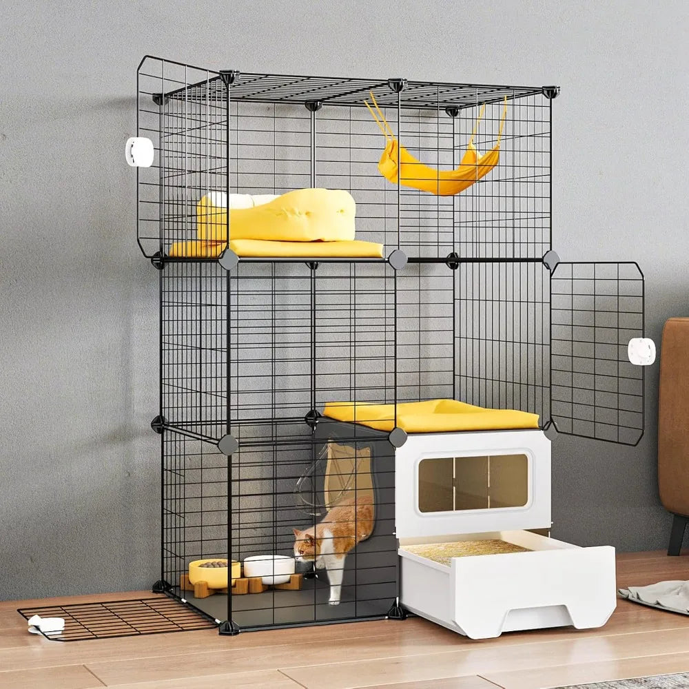 Oneluck Cat Cage Indoor with Litter Box 3-Tier DIY Cat Playpen Detachable Metal Wire Kennel Crate Large Exercise Place Ideal for