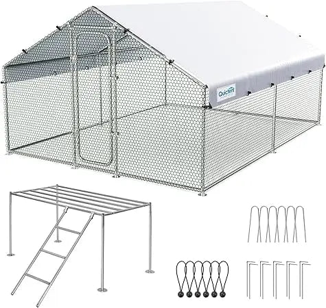Large Metal Chicken Coop Run, W/Roosting Perch for 20+ Poultry, with Heavy Duty Wire, Mesh and Waterproof Roof Cover