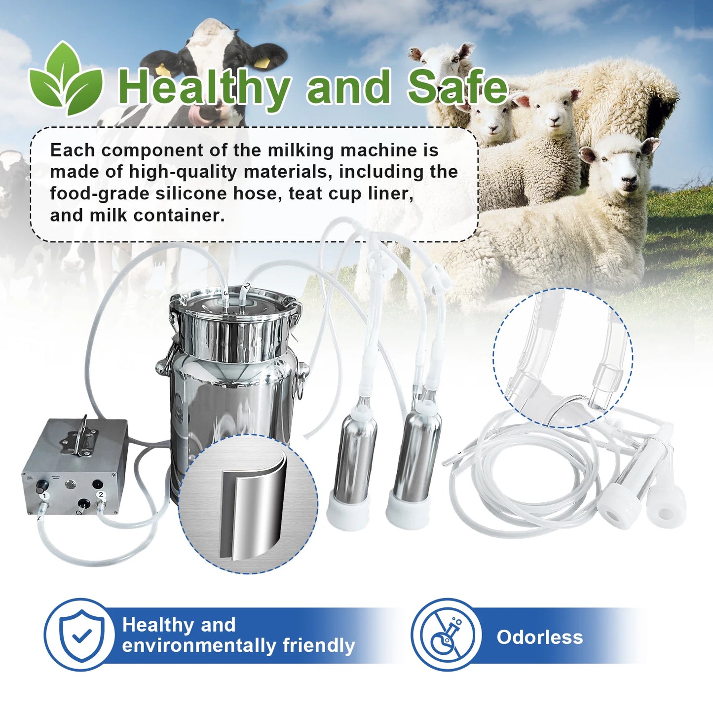 Goat Milker Machine, 14L Adjustable Suction Electric Milker, Cow Milk Machine with Tubes, 2 Teat Cups, Bucket for Homes, Farms