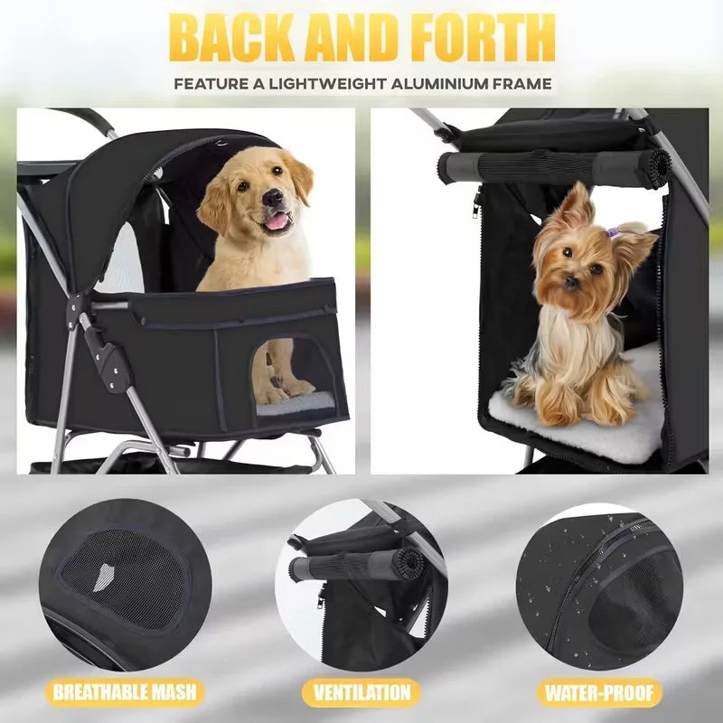 4 Wheels Dog Stroller,Pet Stroller Folding Carrier Waterproof Puppy with Cup Holder & Removable Liner for Small Medium Dogs Cats