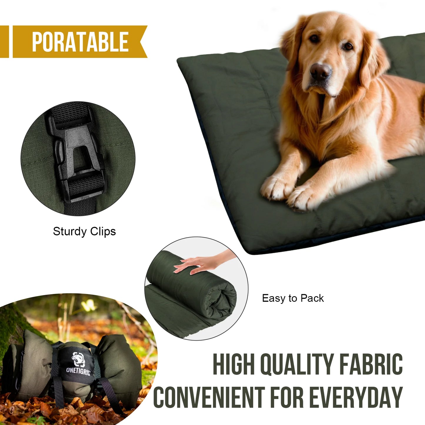 OneTigris Portable Dog Mats for Sleeping, Washable Mattress Anti-slip Cushion for Dog Cot, Water-Resistant Pet Bed for Outdoors