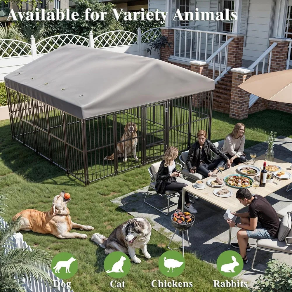 Large Dog Kennel Outside 10X10FT Heavy Duty Dog Cage with Feeding Door, Outdoor Dog Run with Roof and Double Safety Locks for Pe