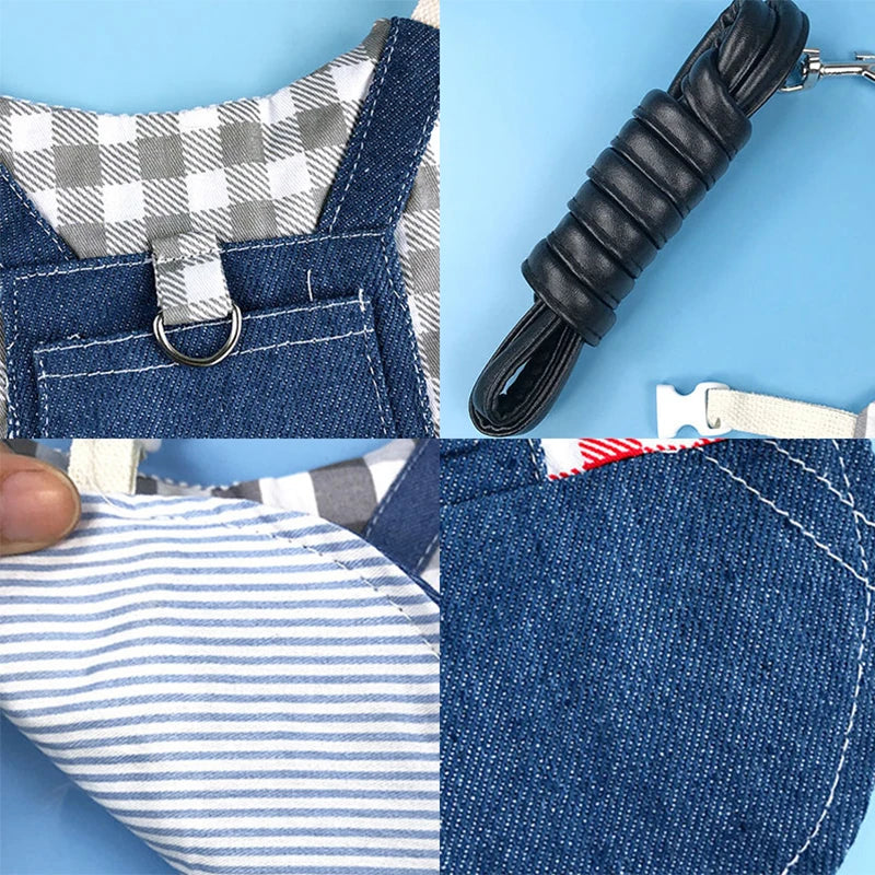 Stylish Denim Pet Harness & Leash Set - Rabbit Bunny Guinea Pig Walking Costume for Small Animals Safety Accessory