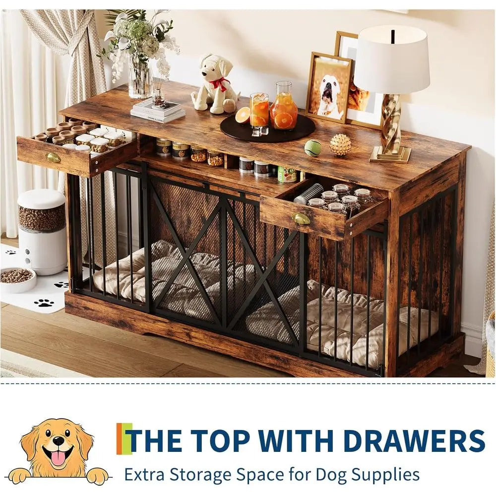 Large 63 Wooden Dog Crate Furniture - Heavy Duty Indoor Kennel with Removable Divider, 2 Doors, Rustic Style, Open Shelves & TV