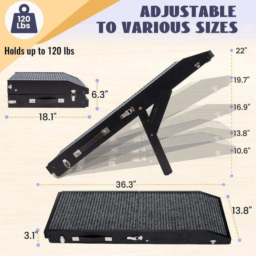 Wooden Dog Ramp for Couch High Bed, Non Slip Pet Ramps for Small Dogs and Cat with 5 Adjustable Height from 10.6'' to 22'', Port