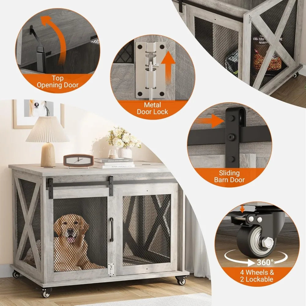 Dog Crate Furniture with Flip Top, 37" Dog Cage Furniture with Sliding Barn Door, Wheels and Removable Divider, Furniture Style