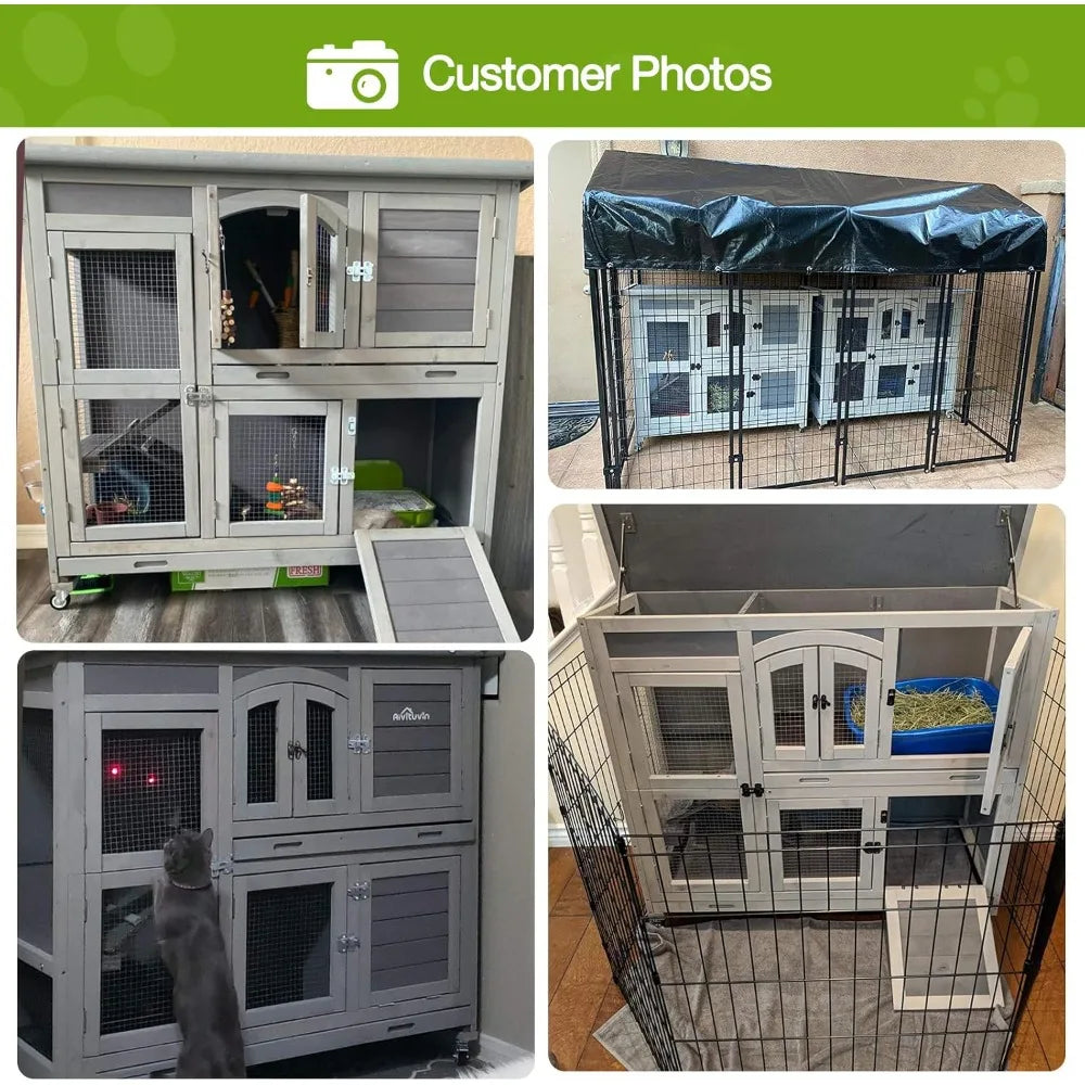 Rabbit Cage, Indoor and Outdoor Rabbit House, Guinea Pig Cage, with Wheels, with Plastic Tray, 47 Inches