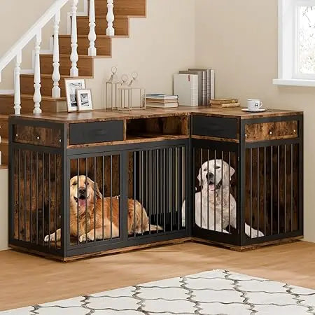 Corner Dog Crate Furniture,85.4" Metal Frame L Shaped Furniture-Style Double Dog Kennel for 2 Dogs with Divider and 2 Fabric Dra