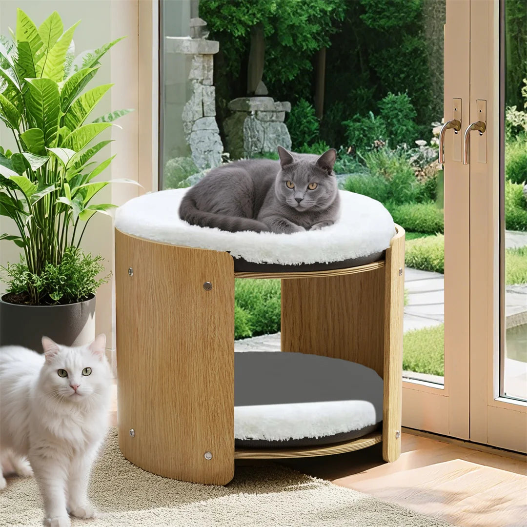 BINGOPAW 2-Layer Wood Cat Sofa Double Cat Tower Pet Bed Furniture with Removable Washable Thicker Soft Plush Mats