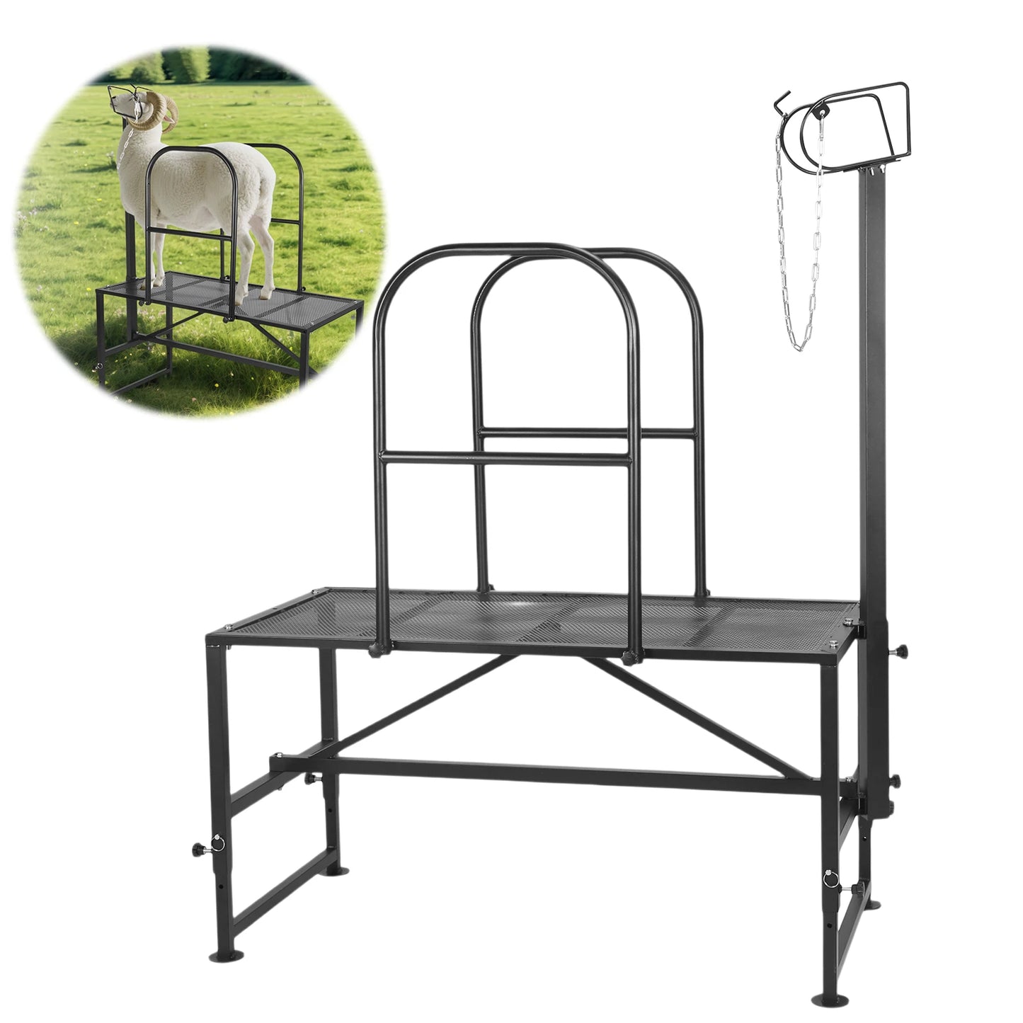 Goat Milking Stand Sheep & Goat Trimming Stand Adjustable Height Goat Shearing Livestock Stand with Headpiece and Nose Loop
