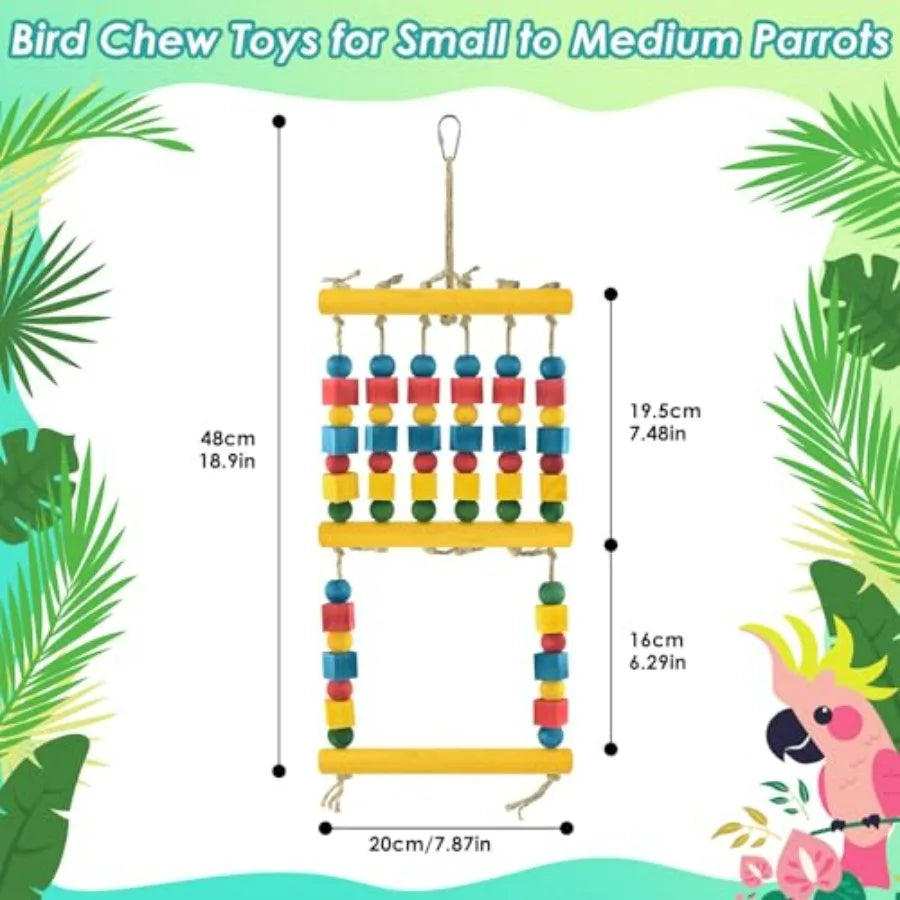 Bird Swing Parrot Chew Toy with Wooden Perches Stand Hanging Colorful Wood Block Bird Cage Accessories for Budgerigar Canaries