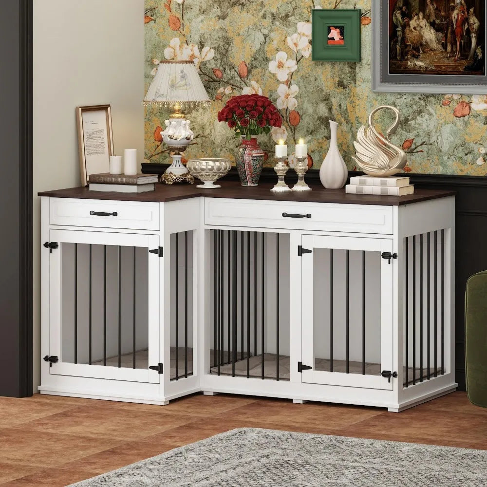 large corner dog crate furniture for 2 dogs, 59" indoor wooden furniture style dog kennel house with double rooms, drawers & rem