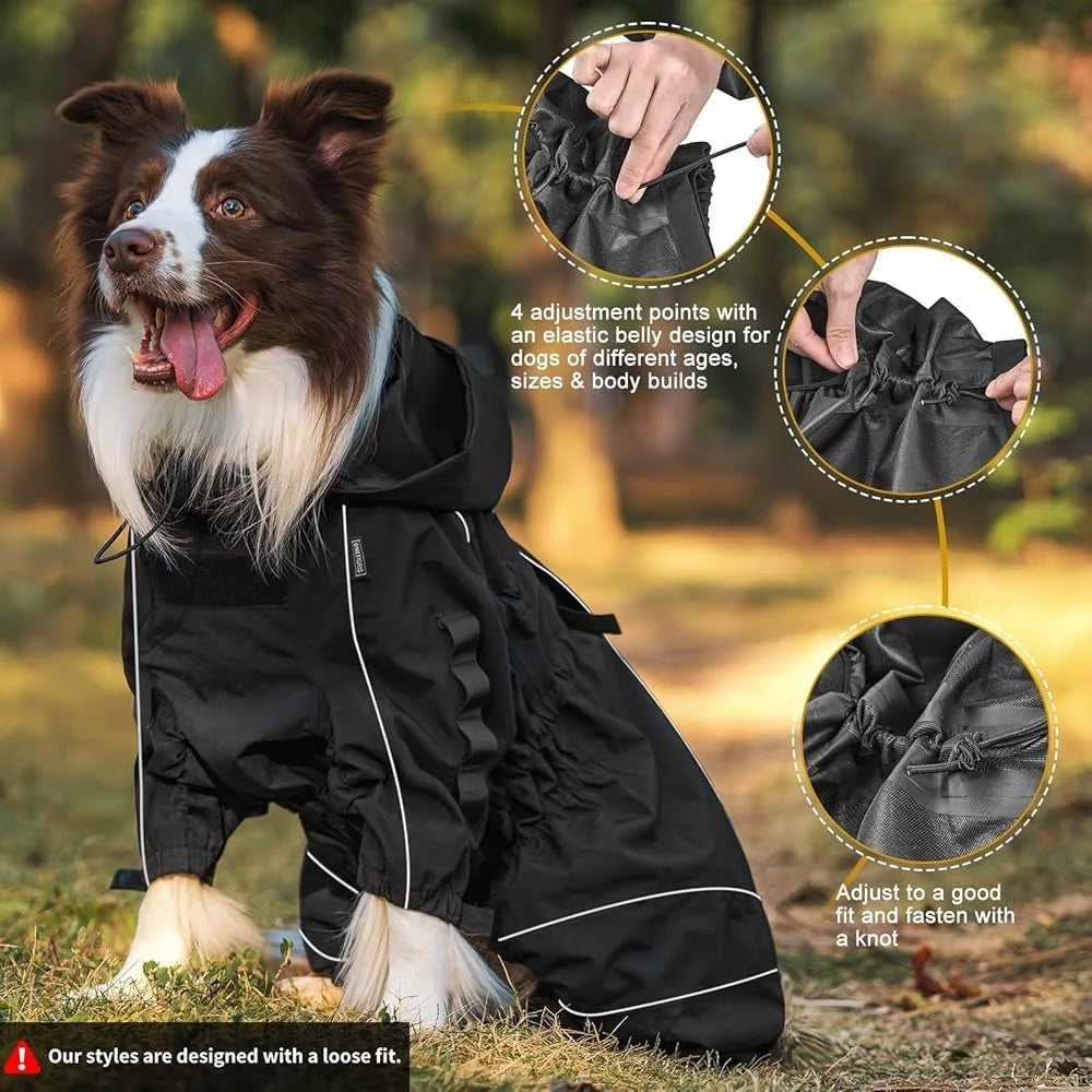 Dog Raincoat Waterproof Reflective Jacket Medium Large Dogs Adjustable Poncho Four Legs Machine Washable Pet Rain Gear