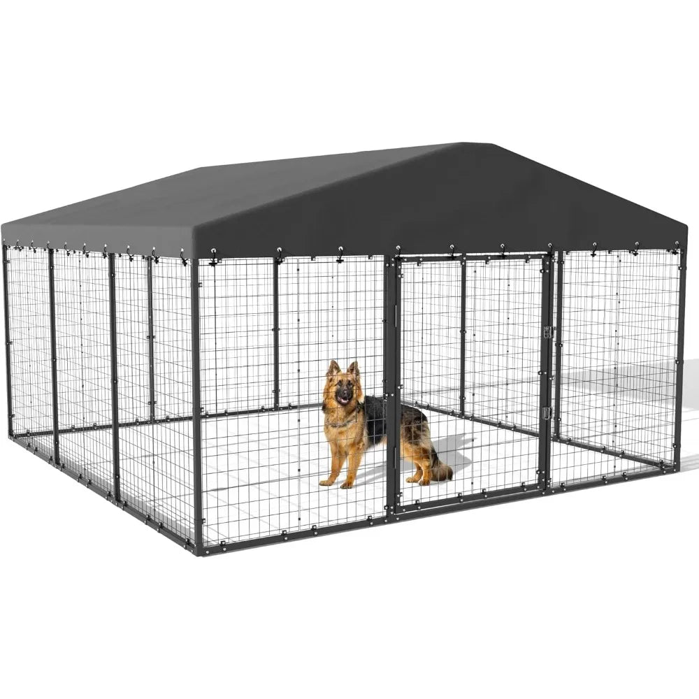 Large Outdoor Dog Kennel - 10x10x6, Heavy-Duty Galvanized Steel Construction, Double Lock Security