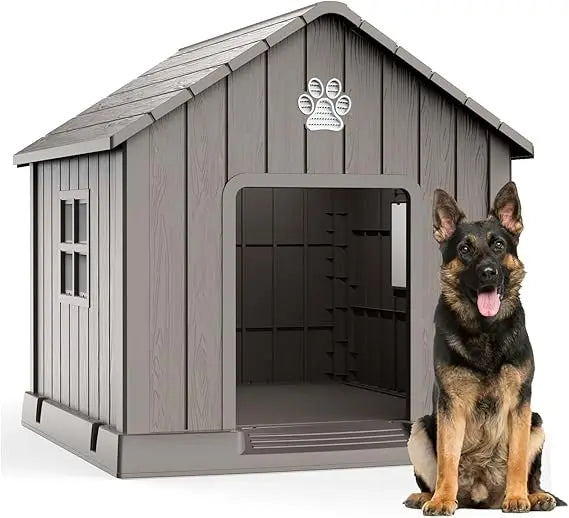 Dog House Outdoor Indoor,Dog Kennel Weatherproof Resin Shelter with Air Vents and Elevated Floor for Small Medium Large Dogs,Eas