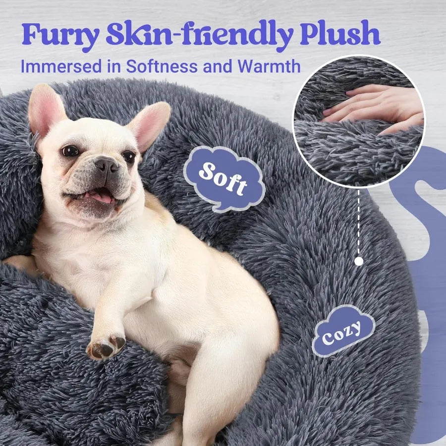 Dog Bed for Small 24 inches Machine Washable Fluffy Donut Pet Bed AntiSlip Calming Soft Plush Round Cushion Fits up to 18 lbs P