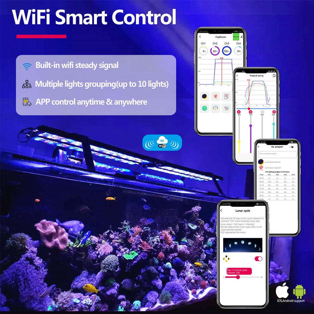 PopBloom H54 WiFi Dimmable LED Aquarium Light, Smart App Control, Suitable for 60-80cm Fish Tanks (With Arm Kit)